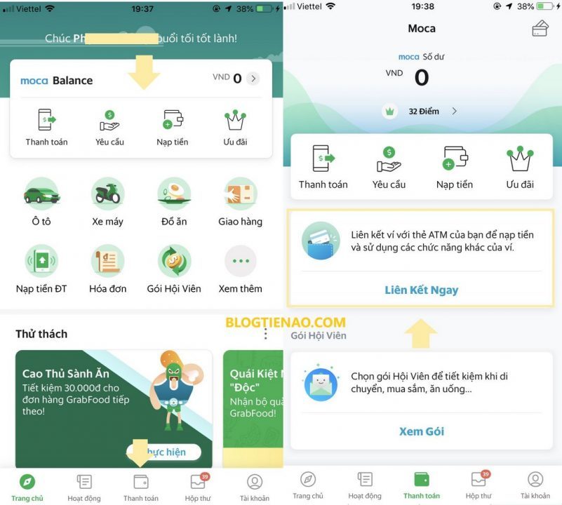Liên kết thẻ ATM với GrabPay by Moca