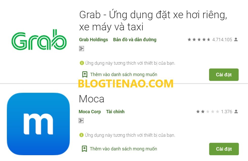 Tải ứng dụng Grab hoặc Moca