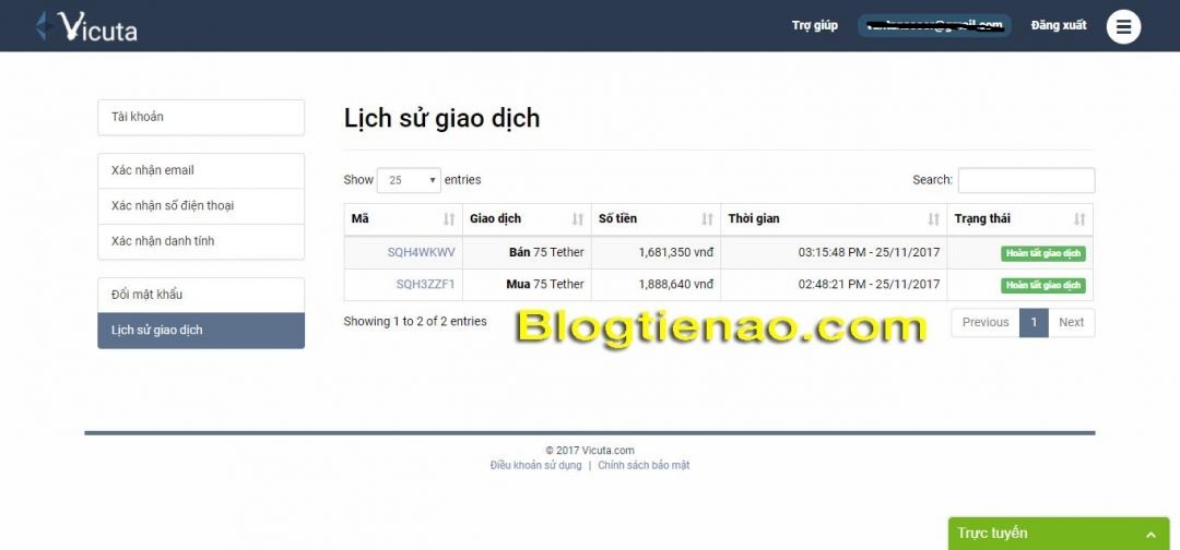 Lịch sử giao dịch Vicuta.com