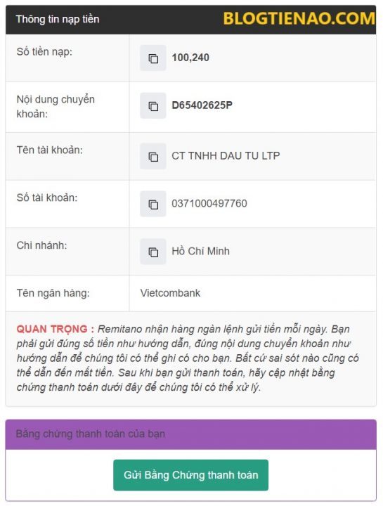 Nạp VND vào ví Remitano