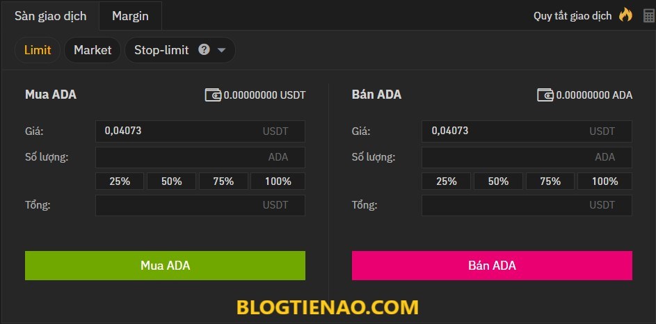 Đặt lệnh trade sàn Binance