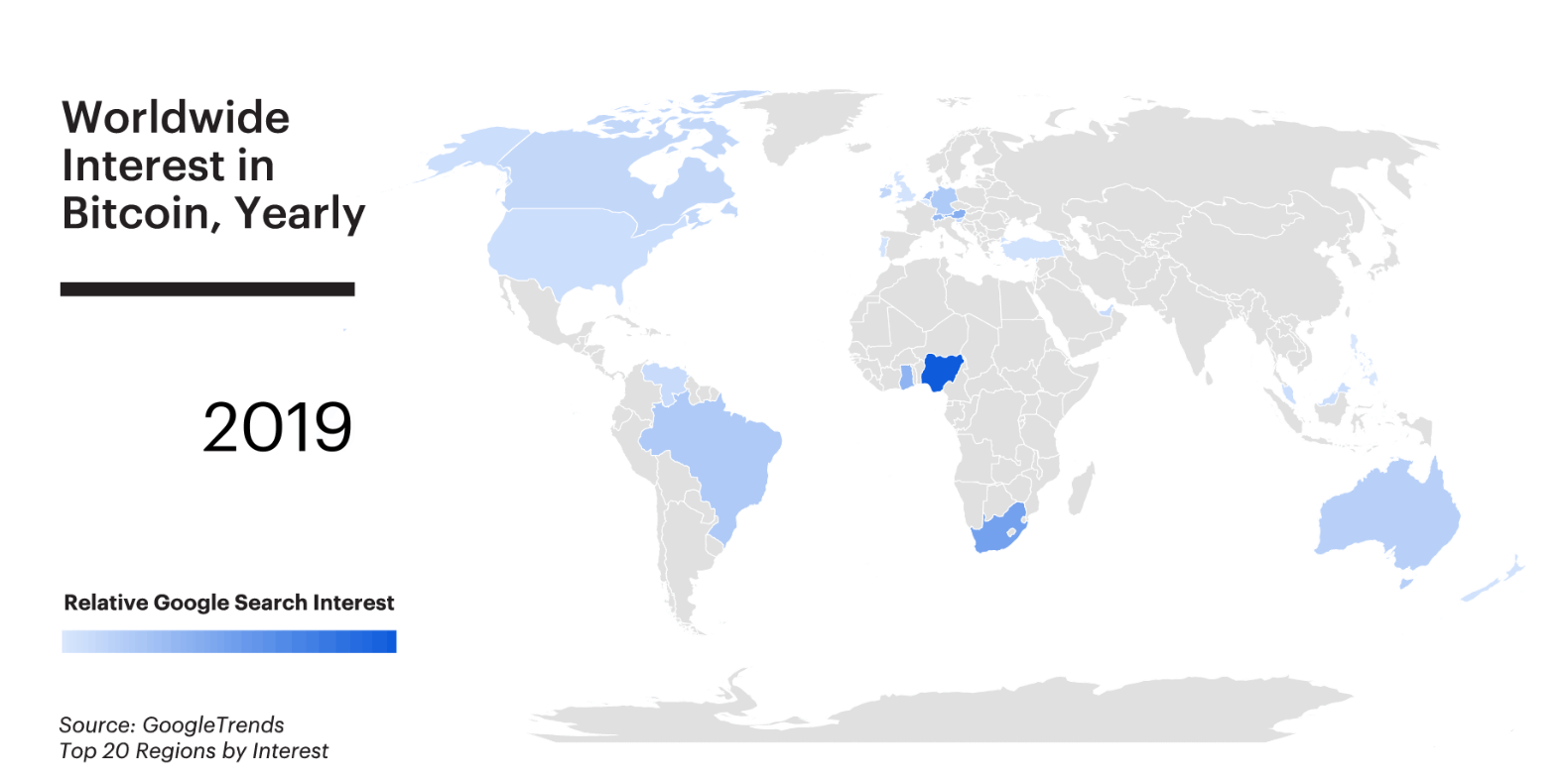 Phân bổ sự quan tâm đến Bitcoin trên toàn cầu vào năm 2019