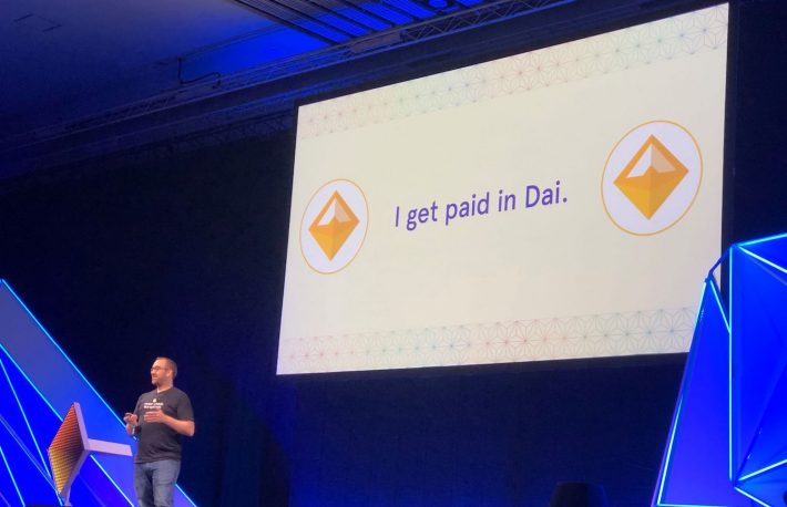 Mariano Conti presenting about how he uses DAI for daily expenses at Devcon5 image via Leigh Cuen, CoinDesk