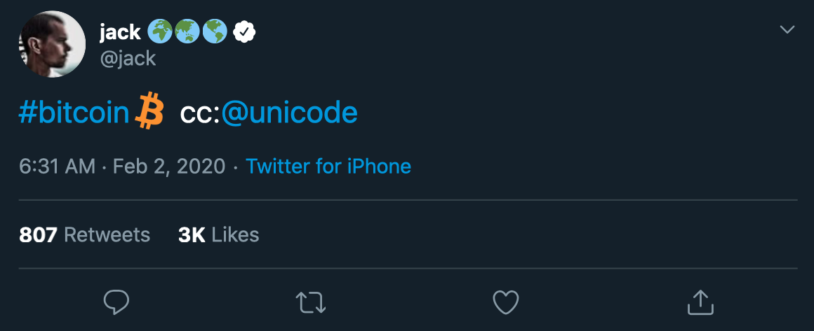 Dorsey’s tweet showing the Bitcoin emoji