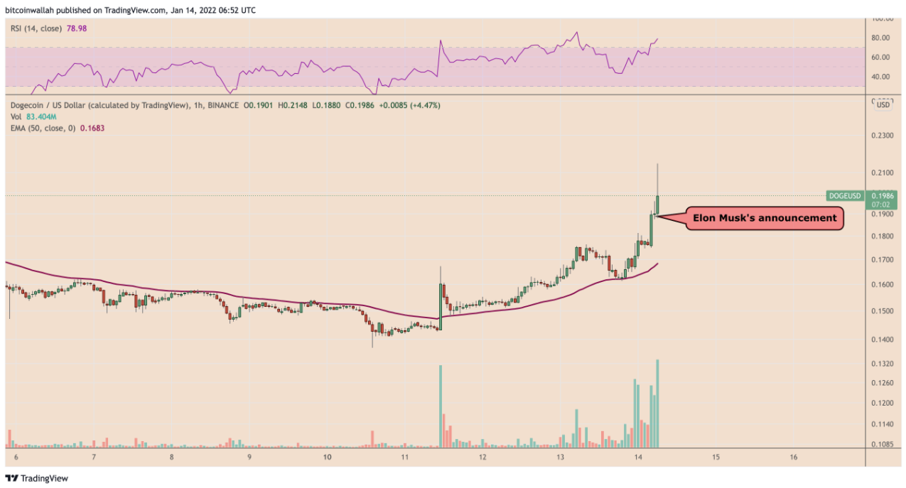 Dogecoin (DOGE) tăng 25% sau khi Musk thông báo Tesla có thể chấp nhận thanh toán
